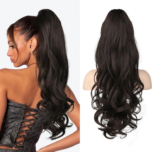 NEW 22" Dark Brown Wavy Claw Clip Ponytail Hair Extension Synthetic By Lonai - Picture 1 of 10